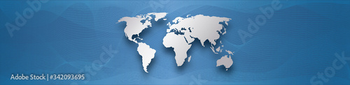 silver world map on blue gradient background with abstract waves lines
