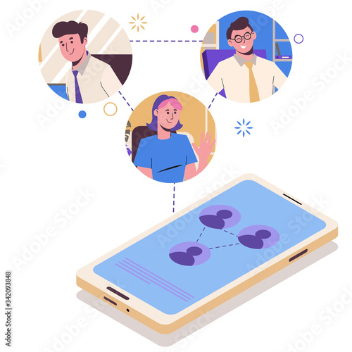 Online communication on a smartphone by a group of people. Employees and colleagues in the contact list. Conference and group call. Flat illustration isolated on a white background. Isometry