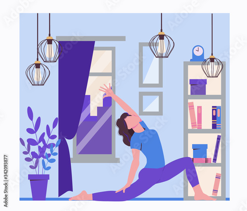 Yoga online. Sports at home during quarantine and self-isolation. The girl is training in the apartment. Loft interior. Flat illustration.