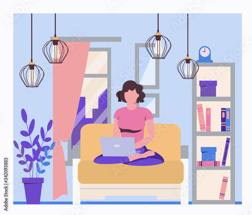 Work online from home and freelance. A girl in a lotus position sits on a sofa and works at a laptop. Flat illustration. Loft interior.