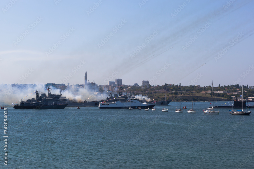 The large landing craft Caesar Kunikov and Azov are firing from Grad-M multiple launch rocket systems at the Navy Day parade in the hero city of Sevastopol, Crimea The large landing craft Caesar Kunikov and Azov are firing from Grad-M multiple launch rocket systems at the Navy Day parade in the hero city of Sevastopol, Crimea