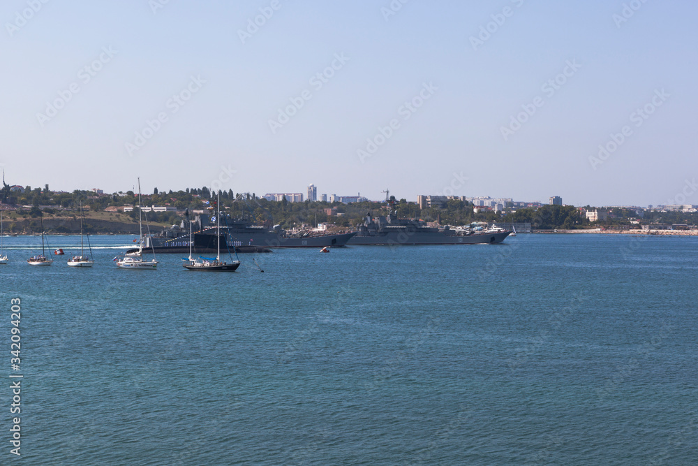 Large landing ship Caesar Kunikov and Azov leave the Sevastopol bay at the parade on Navy Day, Crimea