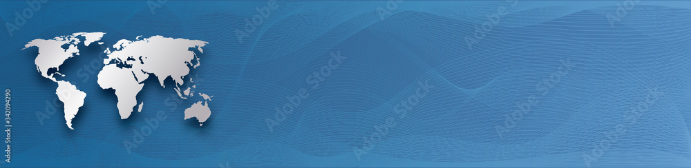 silver world map on blue gradient background with abstract waves lines