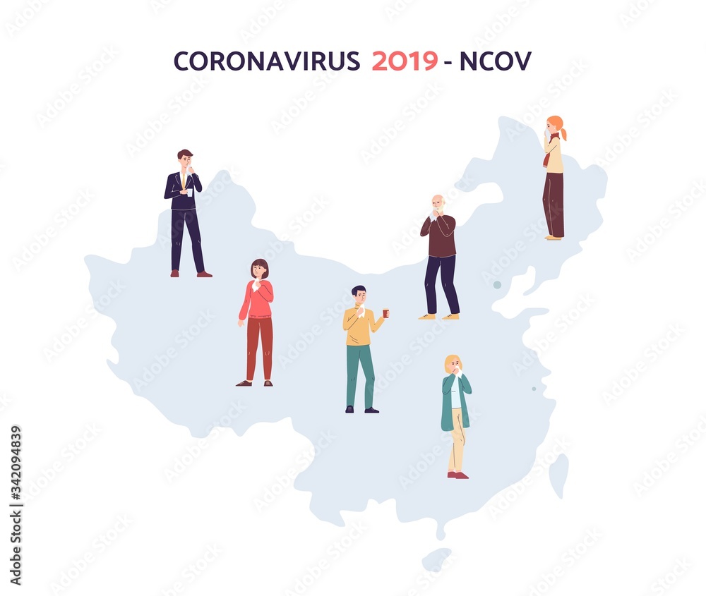 Sick people with coronavirus on Chinese map, with flu virus or COVID-19 symptoms Sick people with coronavirus on Chinese map, with flu virus or COVID-19 symptoms