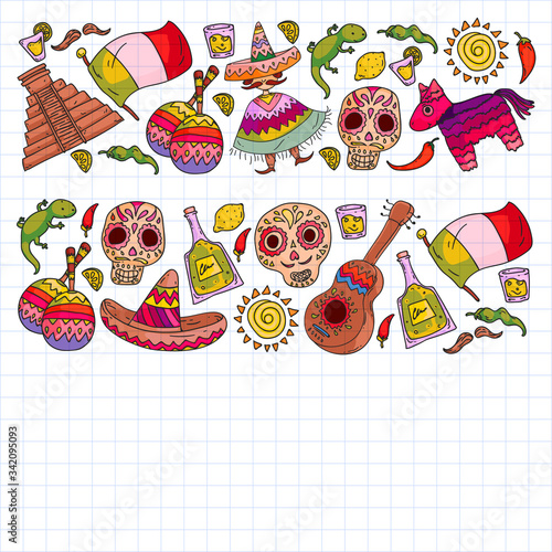 Travel to Mexico. Vector set with ethnic elemets for wallpapers, backgrounds. Day of the Dead