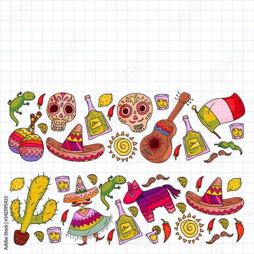 Travel to Mexico. Vector set with ethnic elemets for wallpapers, backgrounds. Day of the Dead