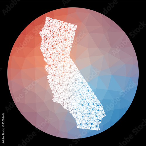 Vector network California map. Map of the US state with low poly background. Rounded California illustration in technology, internet, network, telecommunication concept style.