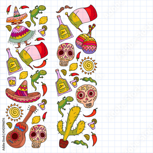 Travel to Mexico. Vector set with ethnic elemets for wallpapers, backgrounds. Day of the Dead