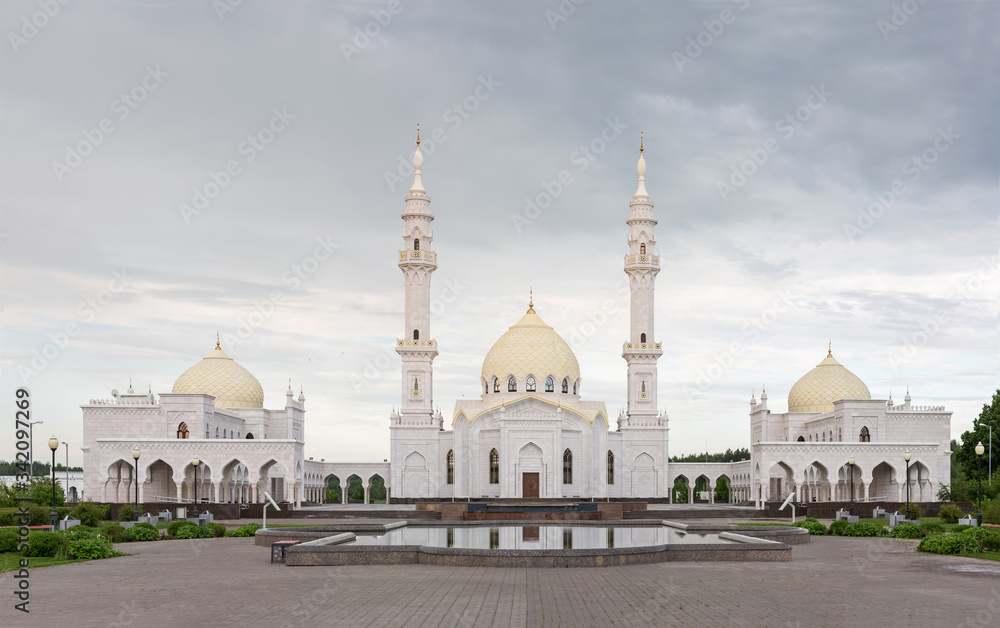 Beautiful white mosque in the city of Bulgar with a beautiful sky. Without people