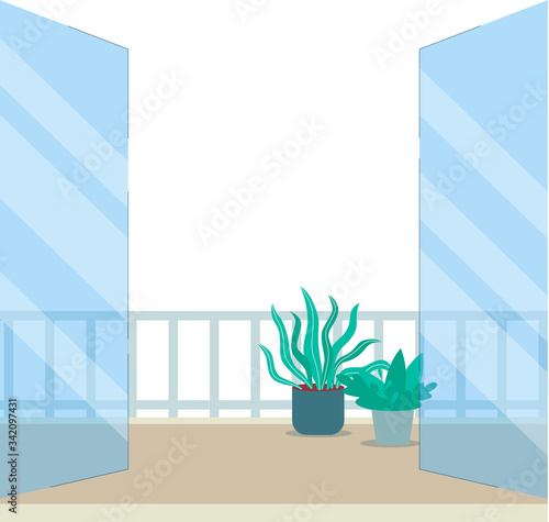 Balcony or terrace doorway view with plants flat vector illustration isolated.