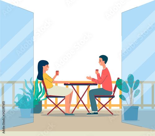 Balcony terrace with people sitting at table, flat vector illustration.