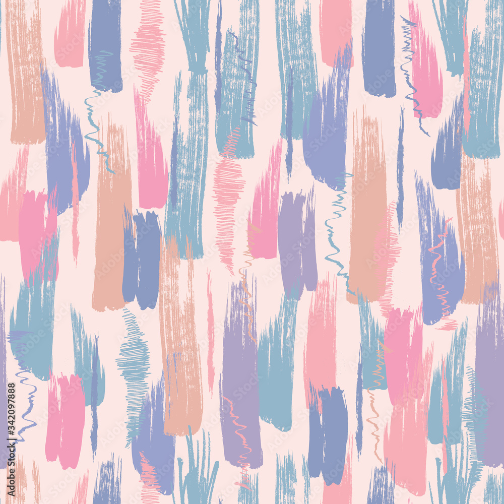 Abstract colorful paint brush strokes and scribble pattern background. Vector repeat pattern.