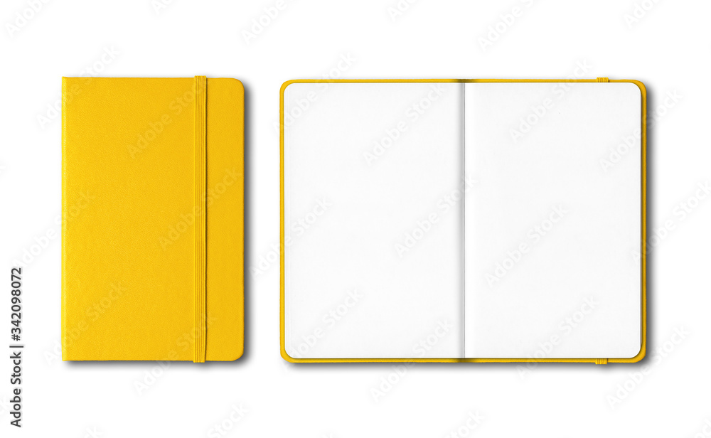 Yellow closed and open notebooks isolated on white - obrazy, fototapety, plakaty 