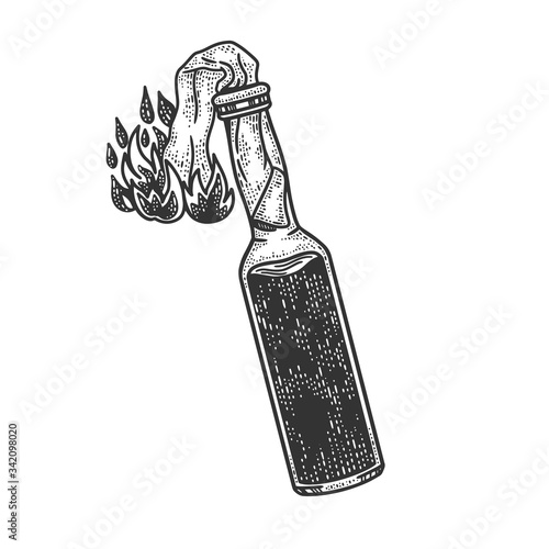 Molotov cocktail petrol gasoline bomb fire bottle sketch engraving vector illustration. T-shirt apparel print design. Scratch board imitation. Black and white hand drawn image.
