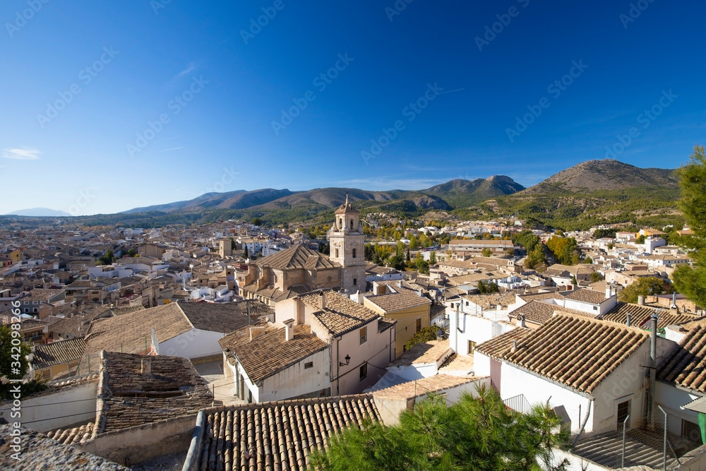  Panorama of the city of Caravaca de la Cruz on the background of the mountain range, a place of pilgrimage near Murcia in Spain