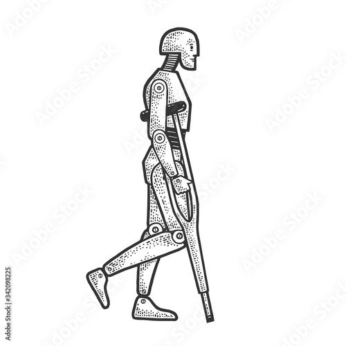 Crash test dummy with crutches sketch engraving vector illustration. T-shirt apparel print design. Scratch board imitation. Black and white hand drawn image.