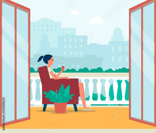 Woman character sitting on balcony or outdoor terrace, flat vector illustration.