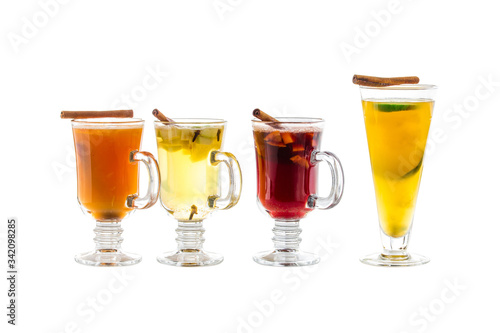 Set of warm christmas cocktails spiced with cinnamon mulled wine isolated on white background