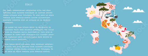 Italy illustrated map. Modern hand-drawn vector banner. Italian land top view. Map of Italian food and culture. Exploring Italy concept. Creative poster, card and web design. Pizza, wine, fashion shoe