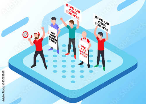 Isometric Vector Illustration Representing A Demonstration Protesting for Human Right Issue with Some People Bringing Posters