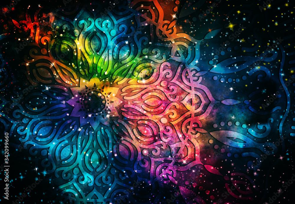 Abstract ancient geometric with star field and colorful galaxy background, watercolor digital art painting and mandala graphic design
Abstract ancient geometric with star field and colorful galaxy background, watercolor digital art painting and mandala graphic design