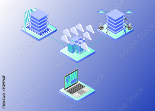Isometric Vector Illustration Representing BIM Modeling Workflow or Scheme Using Gradient Style