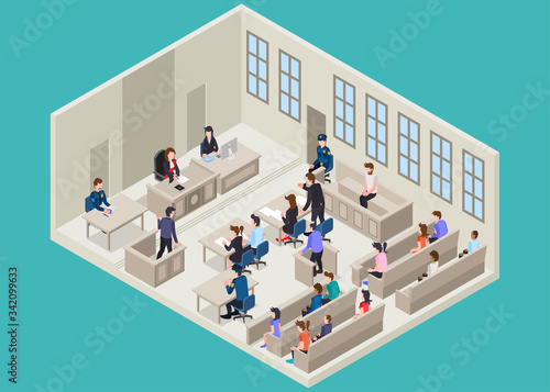 Isometric Vector Illustration Representing Court Room and Trial Activity with Some People on It