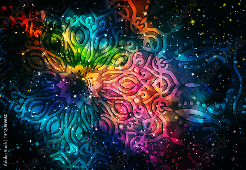 Abstract ancient geometric with star field and colorful galaxy background  watercolor digital art painting and mandala graphic design 