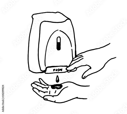 Close-up hands using hand sanitizer gel. Alcohol rub sanitizer kills most bacteria, fungi and stop some viruses such as coronavirus. Hygiene product. Covid-19 spread prevention. Vector, hand drawn.
