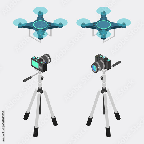 Isometric Vector Illustration Representing DSLR Camera, Tripod, and Drone