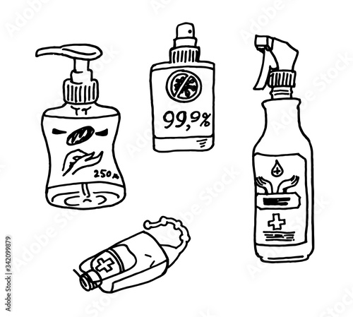 Vector set of Infection protection against coronavirus, hand sanitizer gel, spray. Alcohol rub sanitizer kills most bacteria, fungi and stop some viruses such as coronavirus. Hygiene product. COVID-19