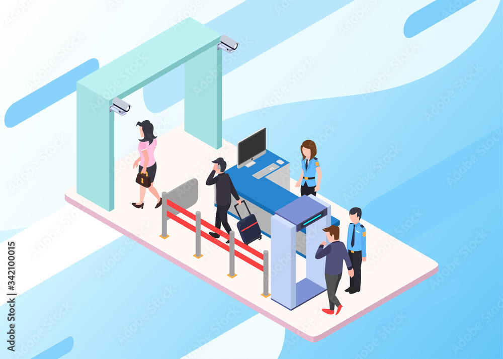 Isometric Vector Illustration Representing Security Checking Gate with Body Scanner, CCTV Camera, and Some Visitors Coming Isometric Vector Illustration Representing Security Checking Gate with Body Scanner, CCTV Camera, and Some Visitors Coming