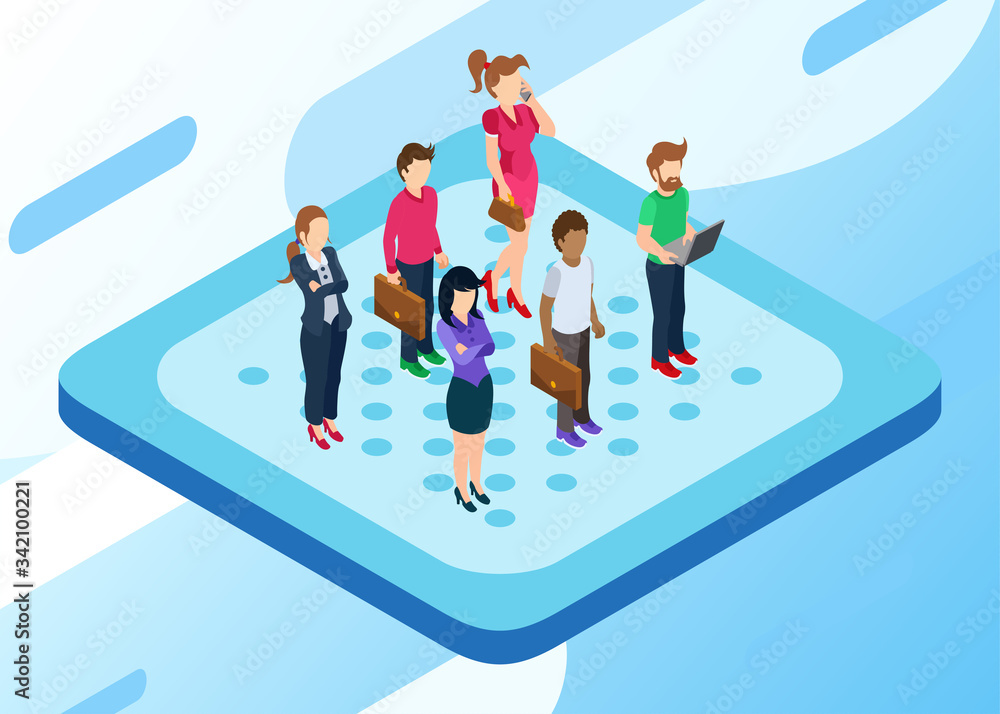 Isometric Vector Illustration Representing Some People or A Market or Customer Group Standing in Somewhere to Get Picked by Company Products