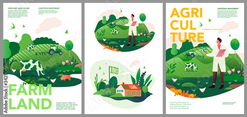 Vector set of spring and summer posters. Investments in animal husbandry, technologies and agribusiness development. Illustrations of farms and objects agronomy for a poster, banner, or postcard. photo