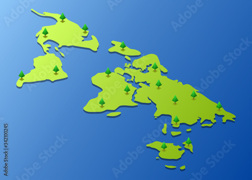 Isometric Vector Illustration Representing World Map with Some Trees on It