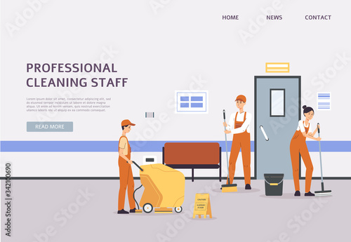 Professional cleaning staff working in office building - cartoon banner