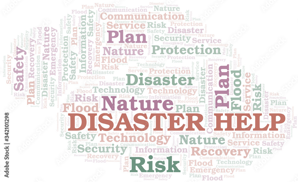 Fototapeta premium Disaster Help typography vector word cloud.