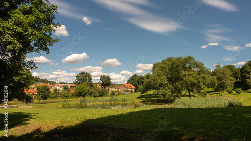Green park, pond and buildings in the distance under a blue sky