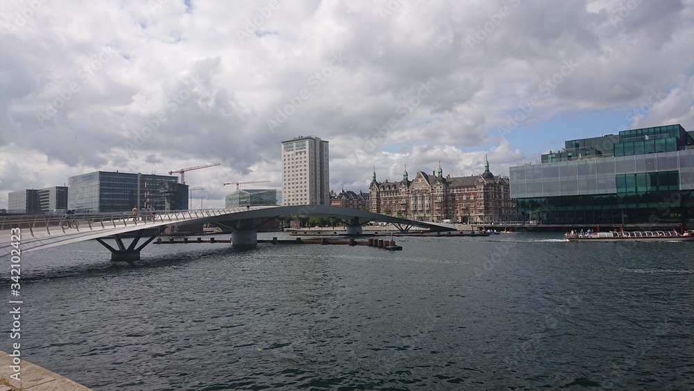 Copenhagen, Denmark. View of the city canal with a foot bridge Copenhagen, Denmark. View of the city canal with a foot bridge