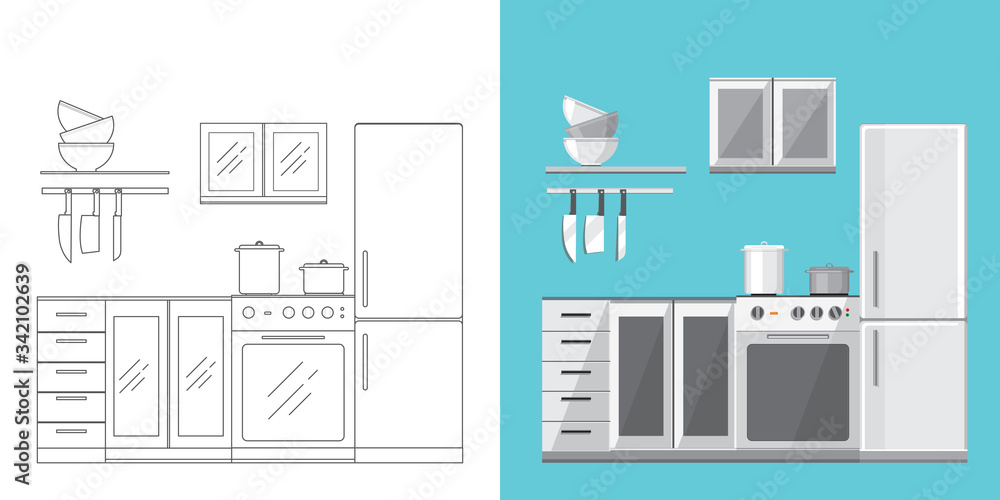 Illustration of modern kitchen with different house appliances.
