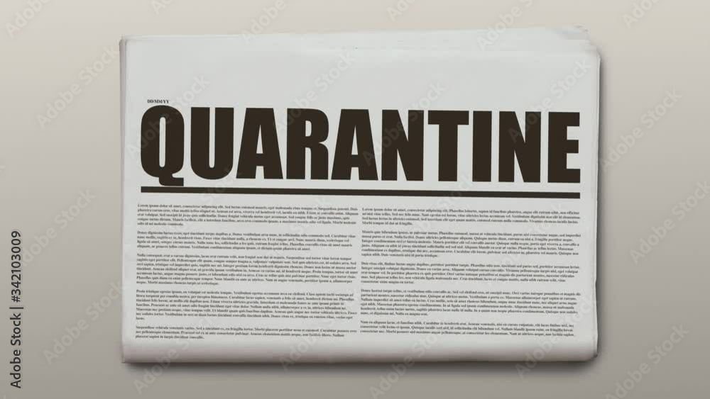 Quarantine written newspaper animation on a gray background. Newspaper