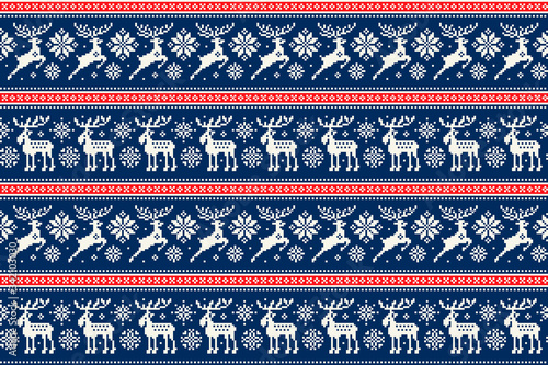 Christmas Pixel Pattern with Deers and Elks. Traditional Nordic Seamless Striped Ornament. Scheme for Knitted Sweater Pattern Design or Cross Stitch Embroidery.