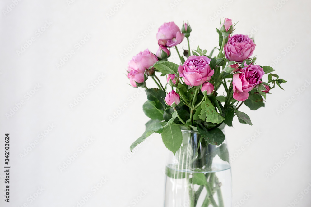 A vase filled with purple rose flowers