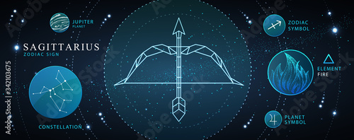 Modern magic witchcraft card with astrology Sagittarius neon zodiac sign. Polygonal Bow and arrow illustration. Zodiac characteristic