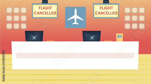 Flight Delay or Cancel, Change Of Plans In Airport Terminal. Empty Airport Reception Without People And Work Staff With Flight Cancelled Inscriptions On The Plates. Cartoon Flat Vector Illustration