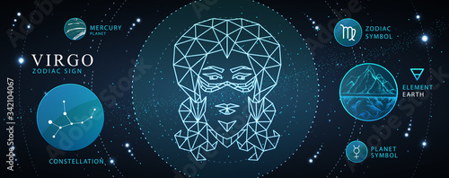 Modern magic witchcraft card with astrology neon Virgo zodiac sign. Polygonal woman head. Zodiac characteristic