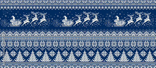 Santa Claus Rides Reindeer Sleigh Silhouette. Christmas Pixel Pattern. Traditional Nordic Seamless Striped Ornament. Scheme for Knitted Sweater Pattern Design or Cross Stitch Embroidery.