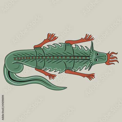 Isolated vector illustration. Funny medieval dragon spitting fire. Gothic illuminated manuscript decor. Fantastic monster animal.