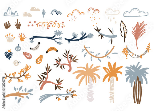 Hand drawn plants and florals botanical objects vector illustration set.