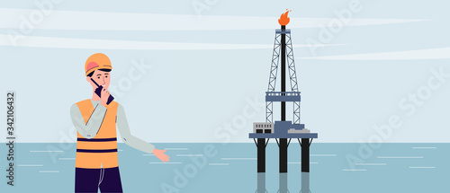 Power industry with oil drilling rig extracting fuel flat vector illustration.